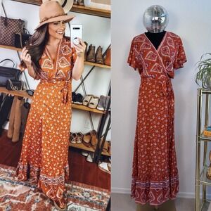 Bohemian Floral Wrap Maxi Dress, Size Large Rust Orange Paisley Hippie Prairie